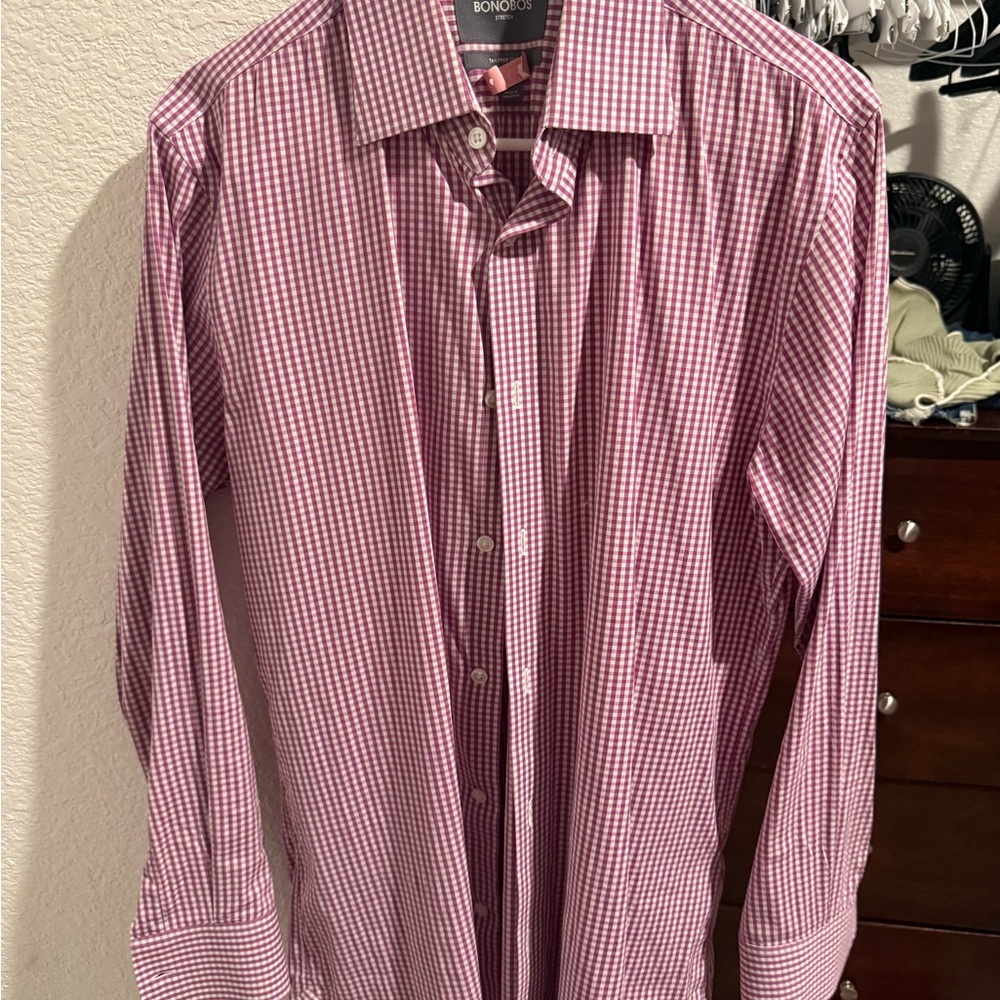 Bonobos Men's Slim Fit Checkered Shirt - Purple and White